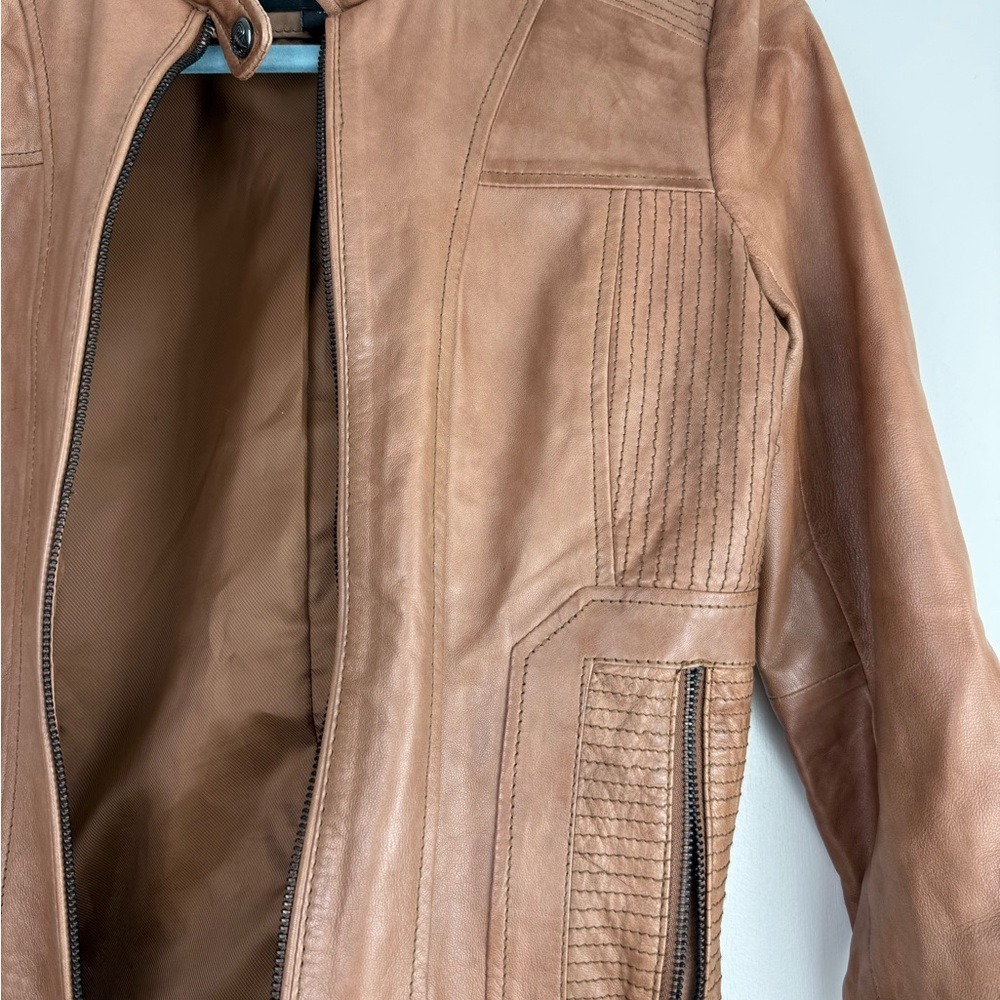 Bernardo Leather Bomber Jacket Petite XS Chestnut Brown Distressed Scuffed - Picture 12 of 16